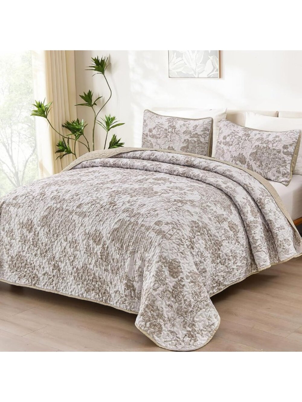 King Size Brown Botanical Quilt Set - Cozy Floral Bedding for Elegant Bedrooms